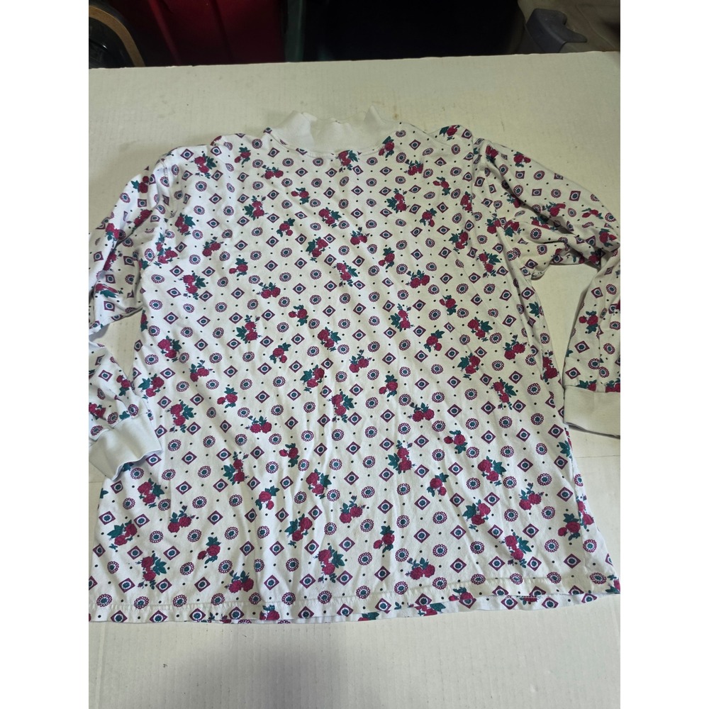 Vintage Gitano Womens Large White Floral Geometric Mock Neck Long Sleeve Top 90s